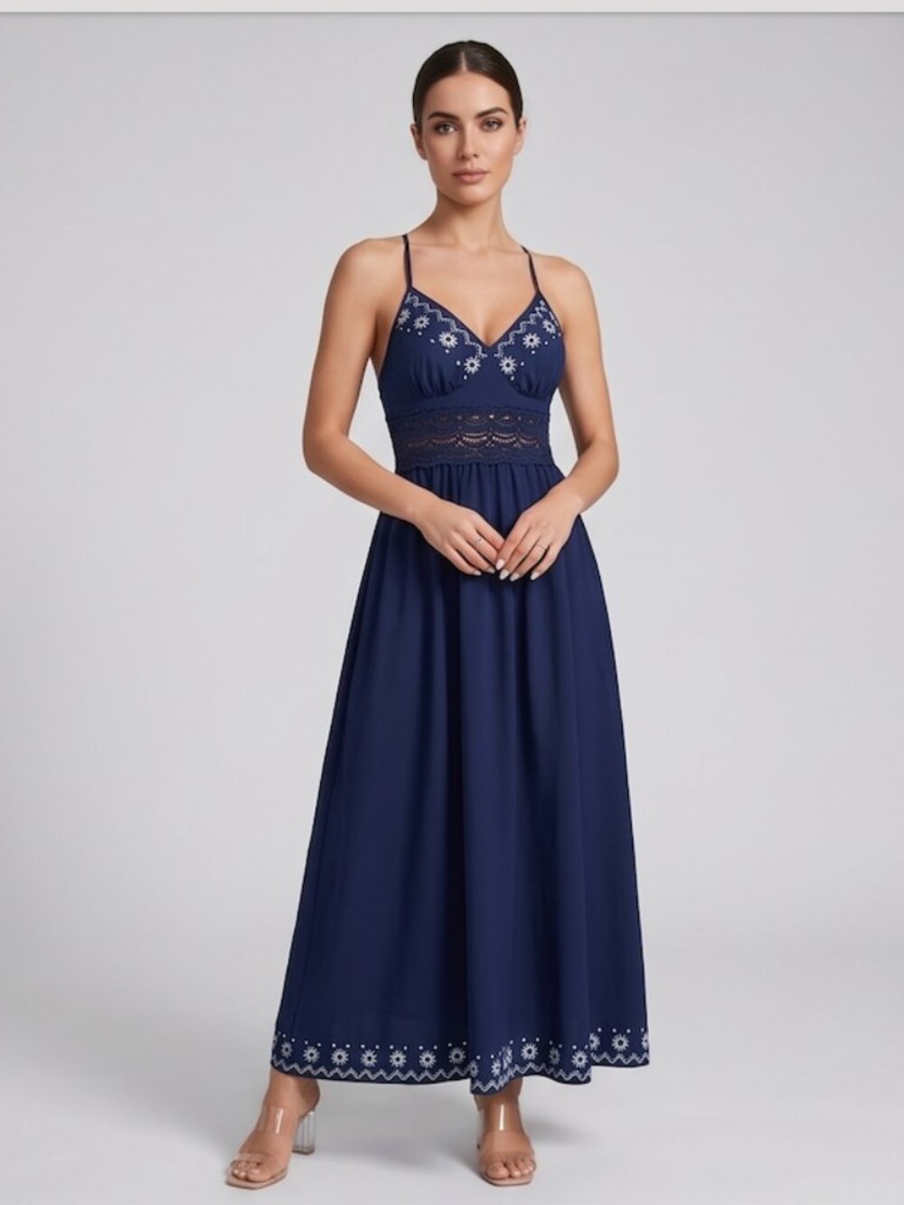 Navy Blue Sleeveless Boho Maxi Dress Open Back Cutout Crochet Waist